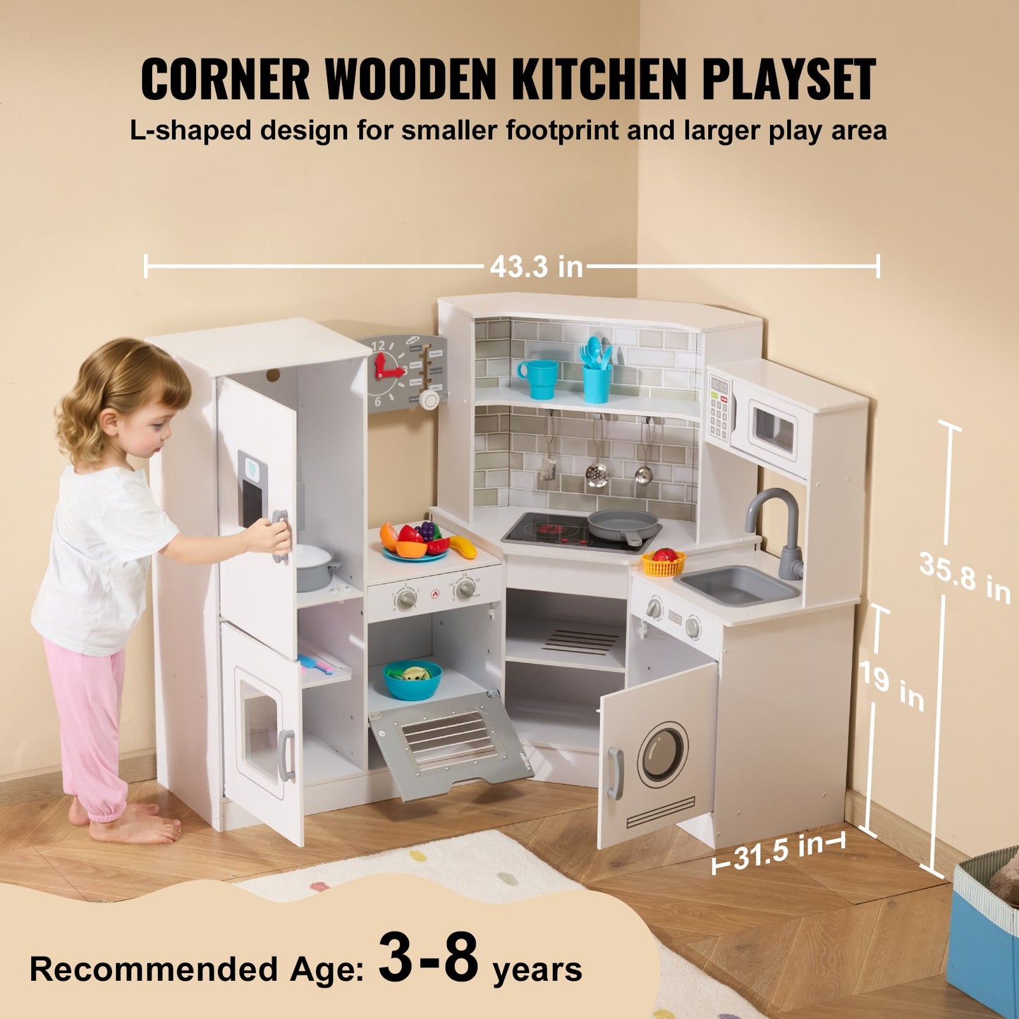 Corner Wooden Play Kitchen, Toy Set with Lights and Sounds, Toddler Kitchen with Ice Maker, Oven, Sink, Clock, Microwaves, Refrigerator and Accessories, for Toddlers, Preschoolers, White