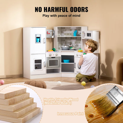 Corner Wooden Play Kitchen, Toy Set with Lights and Sounds, Toddler Kitchen with Ice Maker, Oven, Sink, Clock, Microwaves, Refrigerator and Accessories, for Toddlers, Preschoolers, White