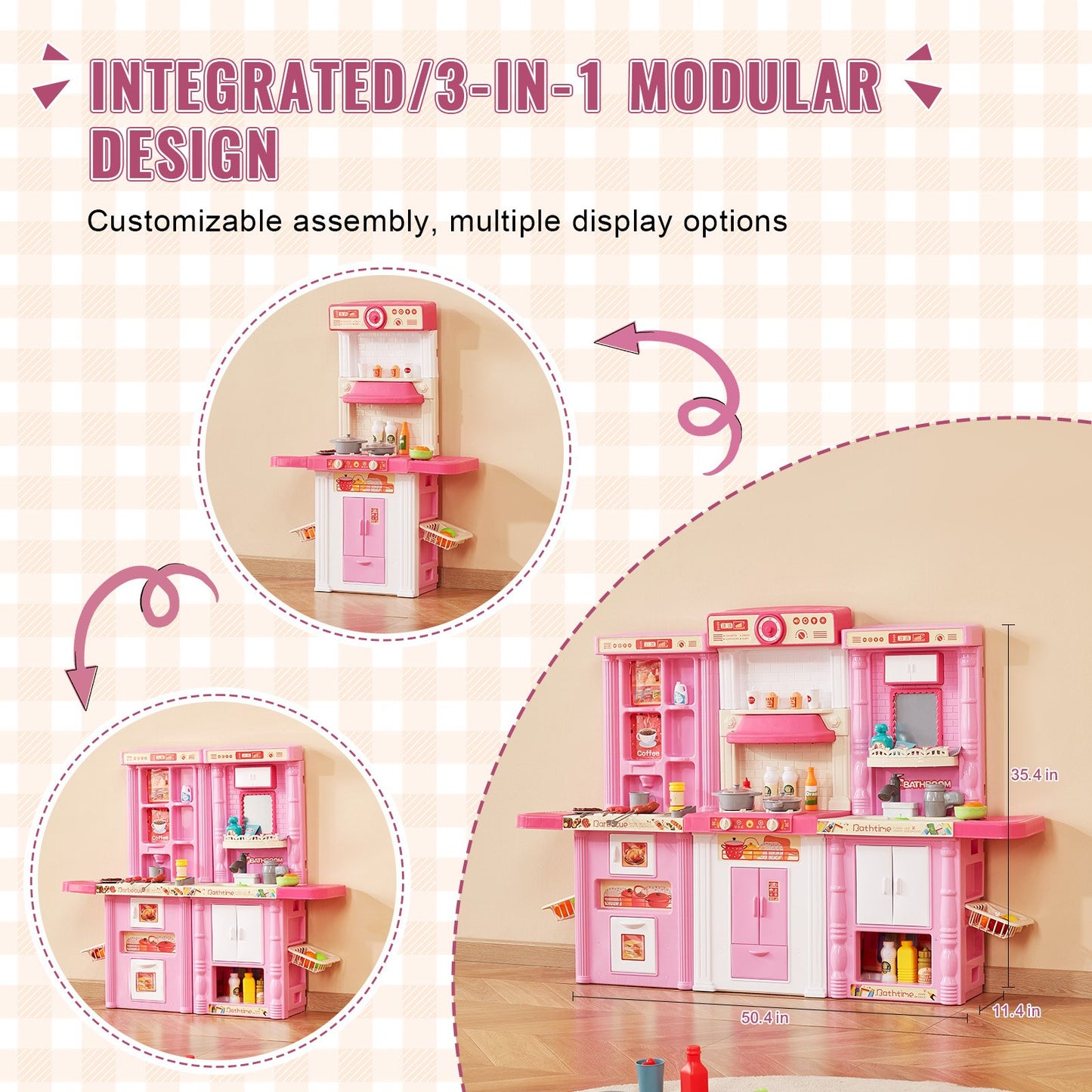 Kids Kitchen Playset, 3-in-1 Toddler Kitchen with Simulated Spray, Sounds and Lights, Play Kitchen Set with 74 PCS Cooking Accessory Set for Toddlers, Preschoolers, Children Ages 3-8, Pink