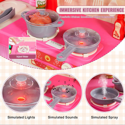 Kids Kitchen Playset, 3-in-1 Toddler Kitchen with Simulated Spray, Sounds and Lights, Play Kitchen Set with 74 PCS Cooking Accessory Set for Toddlers, Preschoolers, Children Ages 3-8, Pink