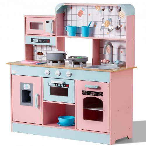 Play Kitchen for Kids, Wooden Toy Kitchen Set with Lights and Sounds, Toddler Kitchen with Ice Maker, Oven, Sink, Microwaves, Fridge and Utensil and Fruit Accessory for Toddlers, Pink