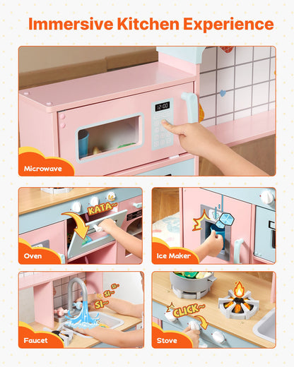 Play Kitchen for Kids, Wooden Toy Kitchen Set with Lights and Sounds, Toddler Kitchen with Ice Maker, Oven, Sink, Microwaves, Fridge and Utensil and Fruit Accessory for Toddlers, Pink