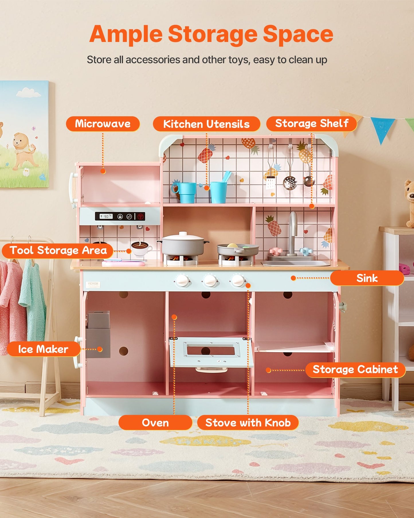 Play Kitchen for Kids, Wooden Toy Kitchen Set with Lights and Sounds, Toddler Kitchen with Ice Maker, Oven, Sink, Microwaves, Fridge and Utensil and Fruit Accessory for Toddlers, Pink