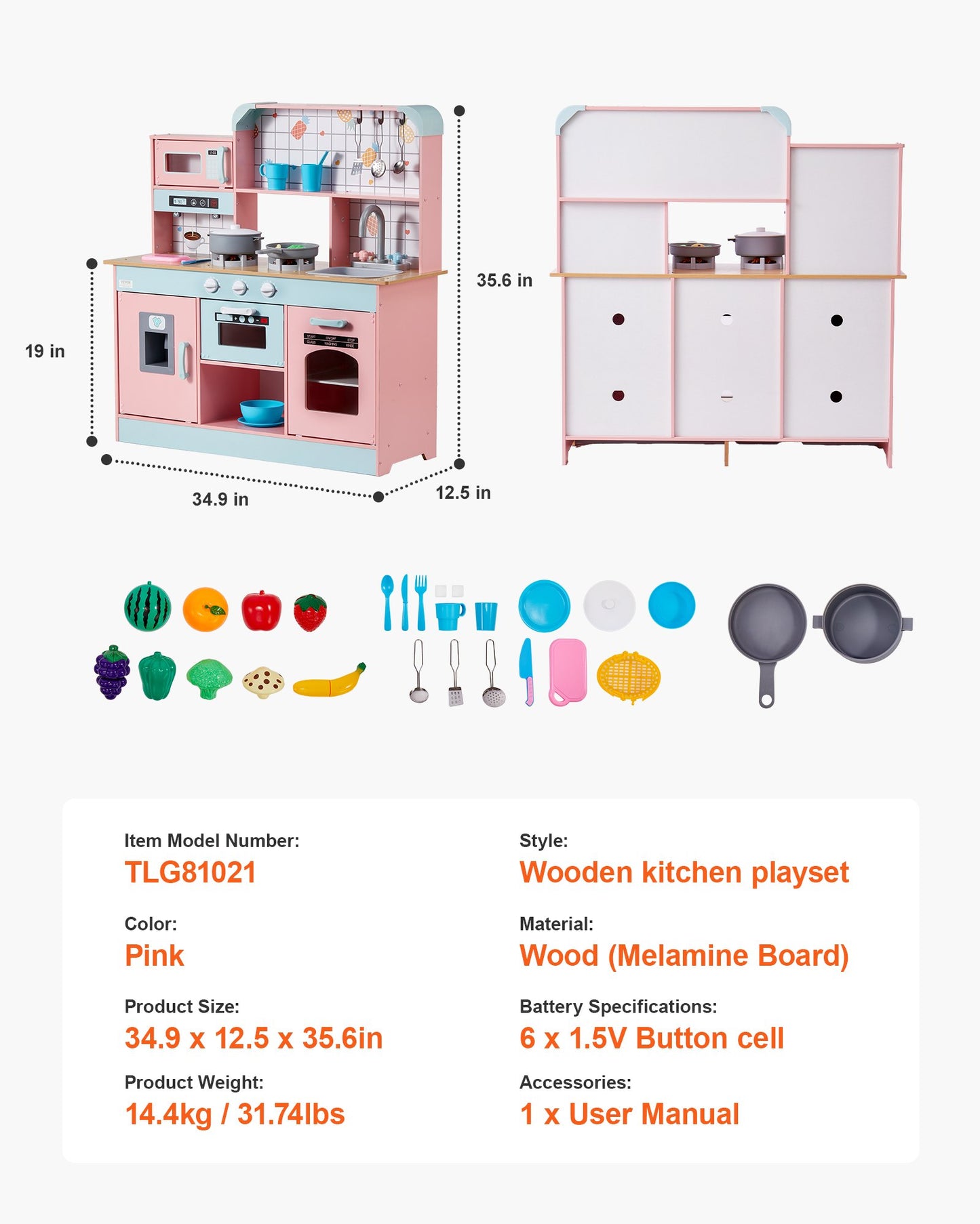 Play Kitchen for Kids, Wooden Toy Kitchen Set with Lights and Sounds, Toddler Kitchen with Ice Maker, Oven, Sink, Microwaves, Fridge and Utensil and Fruit Accessory for Toddlers, Pink