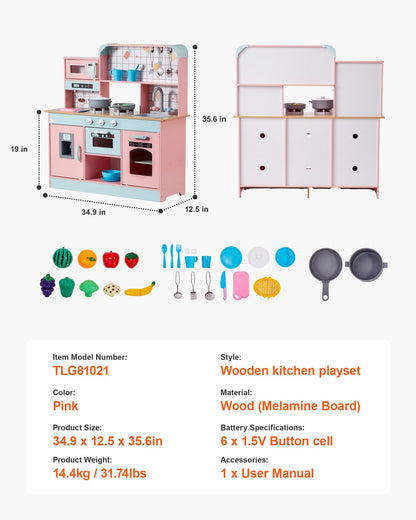 Play Kitchen for Kids, Wooden Toy Kitchen Set with Lights and Sounds, Toddler Kitchen with Ice Maker, Oven, Sink, Microwaves, Fridge and Utensil and Fruit Accessory for Toddlers, Pink