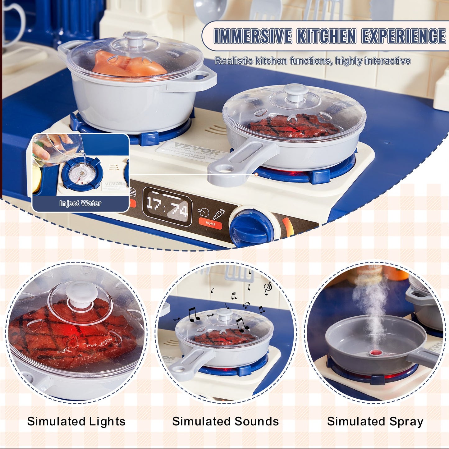 Kids Kitchen Playset, 3-in-1 Toddler Kitchen with Simulated Spray, Sounds and Lights, Play Kitchen Set with 74 PCS Cooking Accessory Set for Toddlers, Preschoolers, Children Ages 3-8, Blue