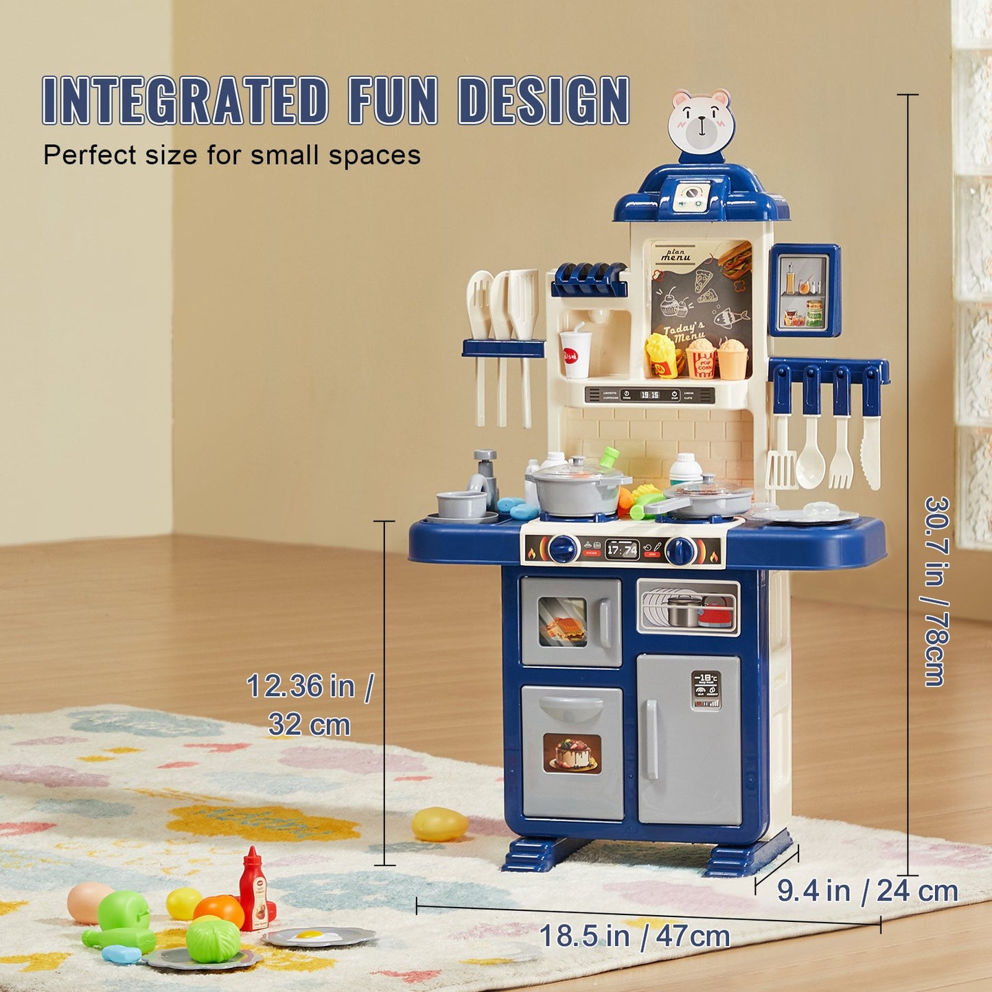 Kids Kitchen Playset, Toddler Kitchen with Cooking Stove with Steam, Sounds and Lights, Play Kitchen Set with 48 PCS Cooking Accessory Set for Toddlers, Preschoolers, Children Ages 3-5, Blue