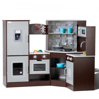 Corner Wooden Play Kitchen, Toy Set with Lights and Sounds, Toddler Kitchen with Ice Maker, Oven, Sink, Clock, Microwaves, Refrigerator and Accessories, for Toddlers, Preschoolers, Brown