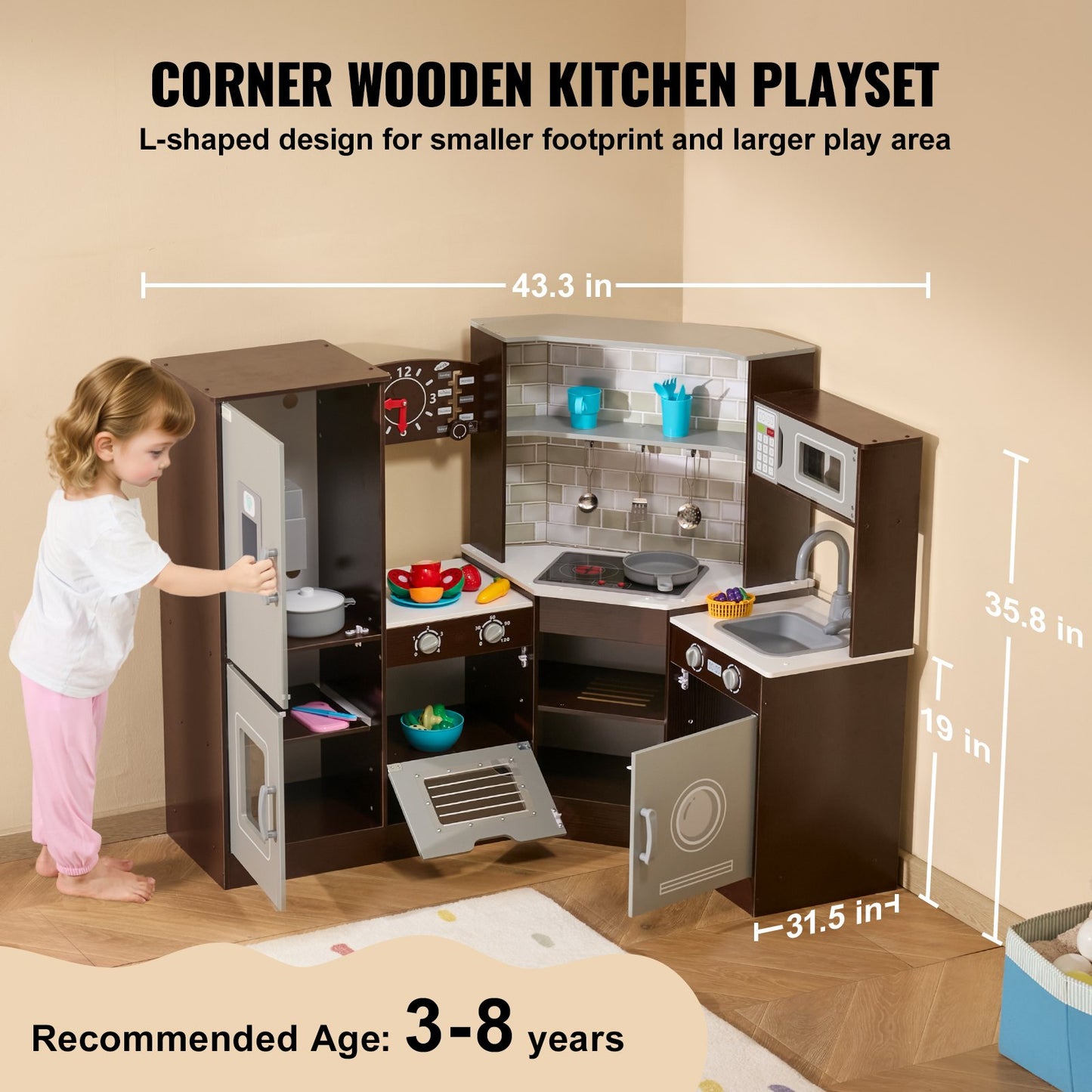 Corner Wooden Play Kitchen, Toy Set with Lights and Sounds, Toddler Kitchen with Ice Maker, Oven, Sink, Clock, Microwaves, Refrigerator and Accessories, for Toddlers, Preschoolers, Brown