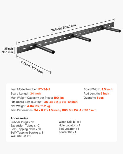 Flytande hyllkonsol 1-pack, 86 kg viktkapacitet, 863,6 x 157,4 x 38,1 mm, kraftigt stöd för dolda hyllkonsoler, väggmontering osynligt flytande hyllkonsol