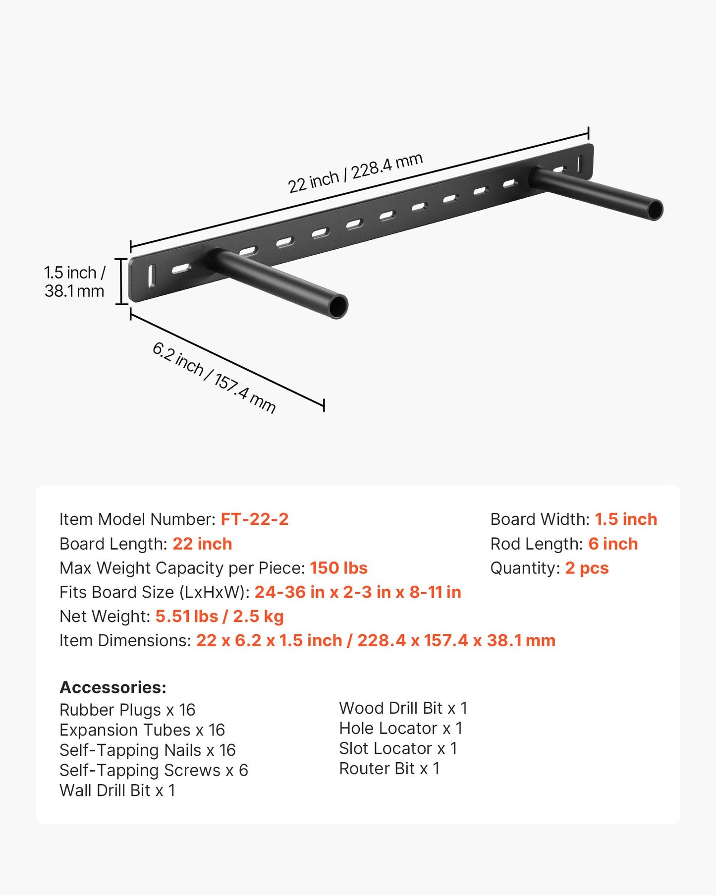 Flytande hyllkonsoler 2 st, 150 lbs/68 kg viktkapacitet, 22x6,2x1,5 tum / 558,4x157,4x38,1 mm, Robust stöd för dolda hyllkonsoler, Väggmontering Osynlig flytande hyllkonsol