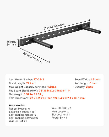 Flytande hyllkonsoler 2 st, 150 lbs/68 kg viktkapacitet, 22x6,2x1,5 tum / 558,4x157,4x38,1 mm, Robust stöd för dolda hyllkonsoler, Väggmontering Osynlig flytande hyllkonsol