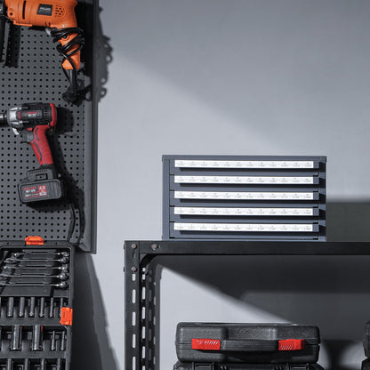 Borrbitsdispenserskåp, borrbitsorganiseringsskåp med fem lådor för borrbitsförvaring i stål #1 till #60, organiseringsskåp med etiketter, stapelbar borrhållare för borrbitsförvaring