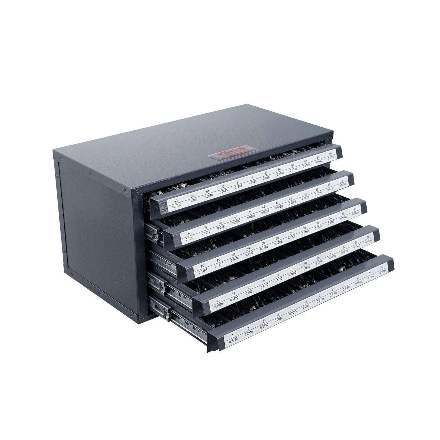 Borrbitsdispenserskåp, borrbitsorganiseringsskåp med fem lådor för borrbitsförvaring i stål #1 till #60, organiseringsskåp med etiketter, stapelbar borrhållare för borrbitsförvaring