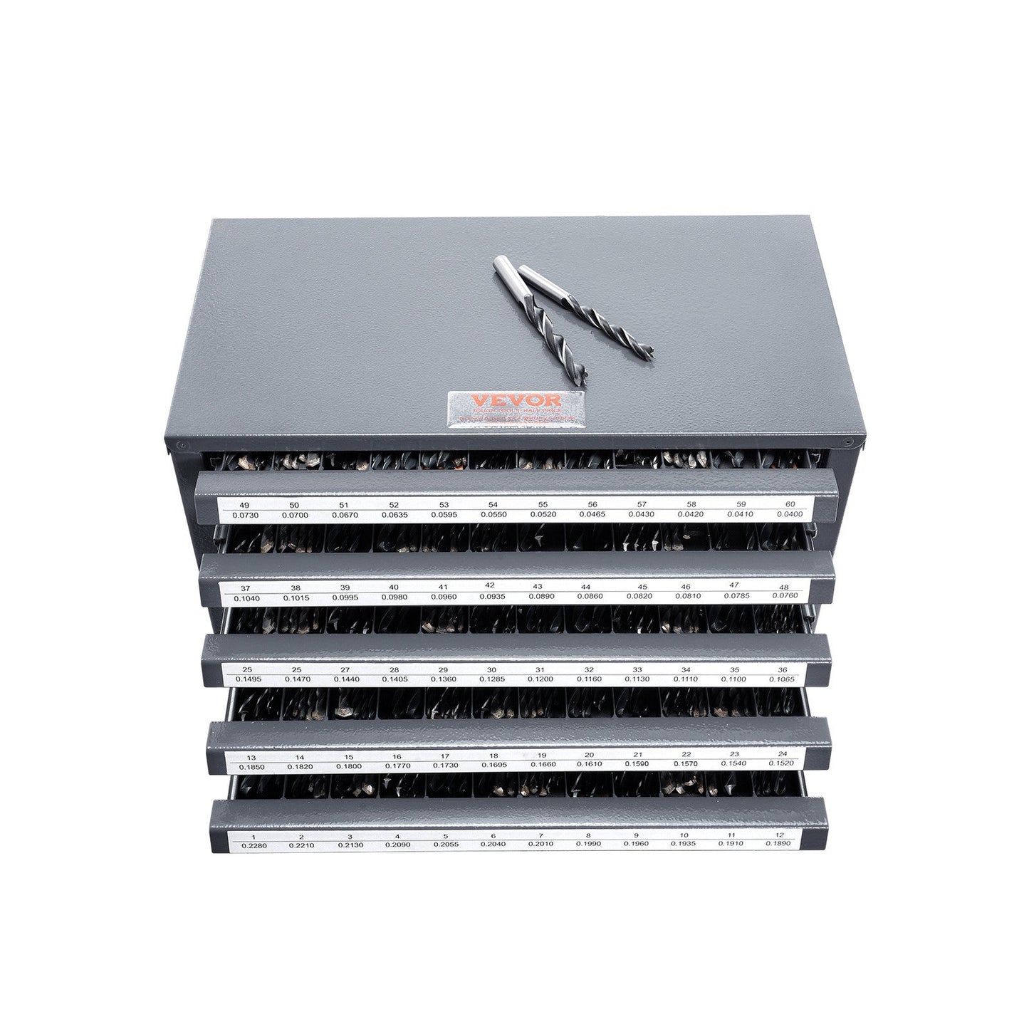 Borrbitsdispenserskåp, borrbitsorganiseringsskåp med fem lådor för borrbitsförvaring i stål #1 till #60, organiseringsskåp med etiketter, stapelbar borrhållare för borrbitsförvaring