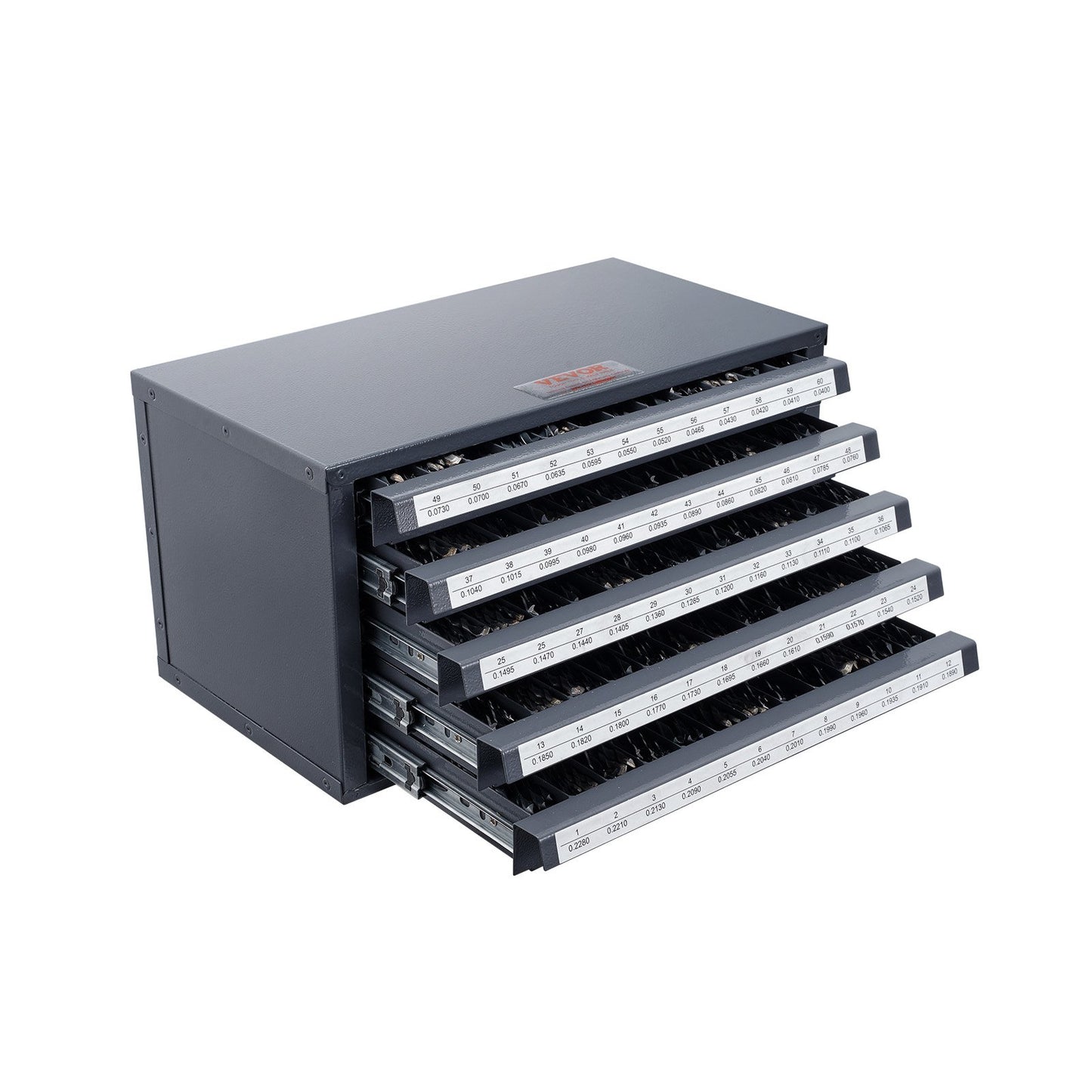 Borrbitsdispenserskåp, borrbitsorganiseringsskåp med fem lådor för borrbitsförvaring i stål #1 till #60, organiseringsskåp med etiketter, stapelbar borrhållare för borrbitsförvaring