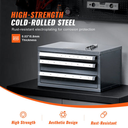 Drill Bit Dispenser Cabinet, Three-Drawer Drill Bit Organizer Cabinet for 1mm to 13mm, Steel Drill Dispenser Organizer Cabinet with Labels, Stackable Drill Dispenser for Drill Bit Storage