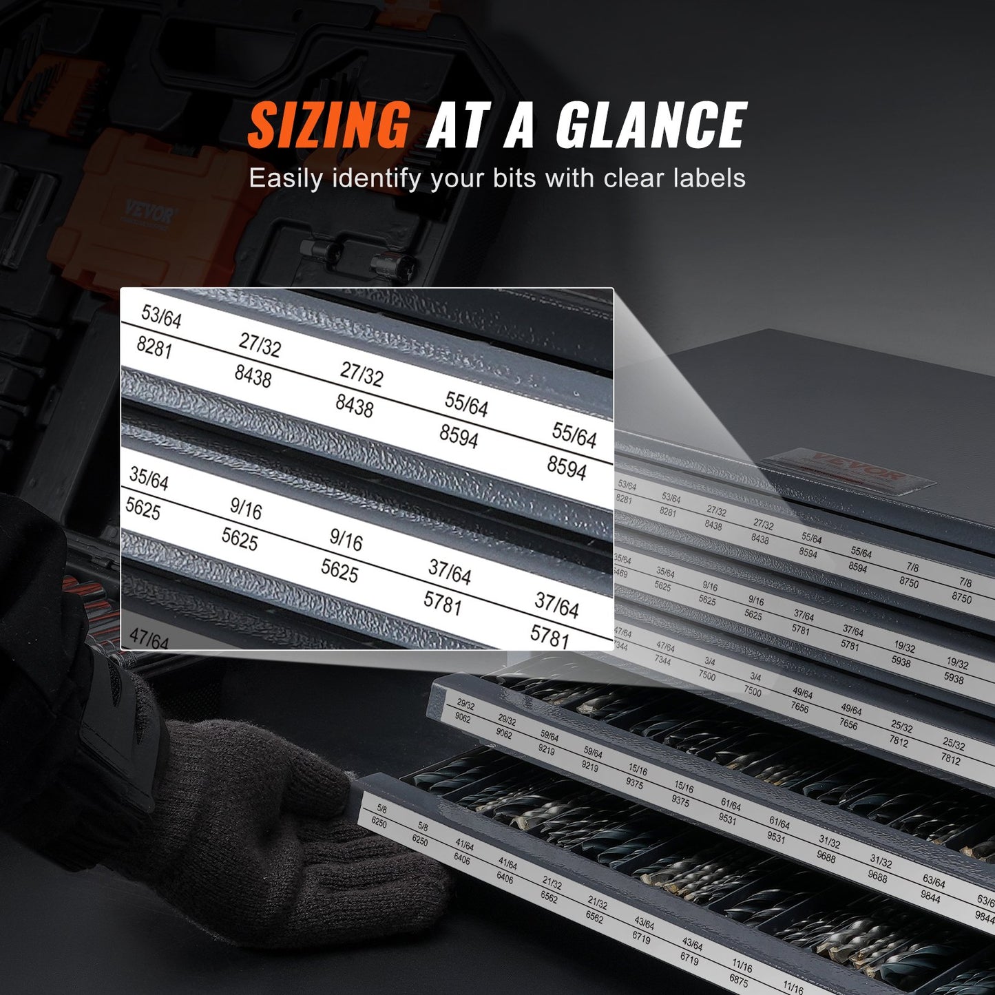 Borrbitsdispenserskåp, borrbitsorganiseringsskåp med fem lådor för borrbitsförvaring i stål på 13,1 mm till 25,4 mm, organiseringsskåp med etiketter, stapelbar borrhållare för borrbitsförvaring