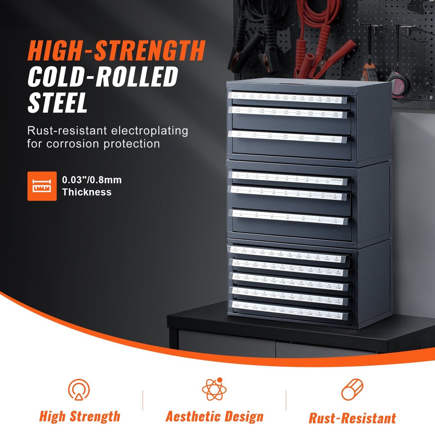 Borrbitsdispenserskåp, 3 delar med tre lådor för brevstorlekar A till Ö, borrbitsorganisatör med fem lådor för trådtjocklek #1 till #60, stapelbar för borrbitsförvaring