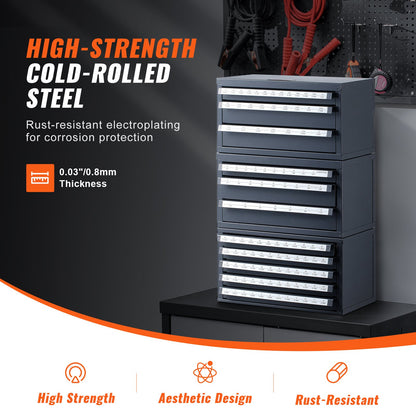 Borrbitsdispenserskåp, 3 delar med tre lådor för brevstorlekar A till Ö, borrbitsorganisatör med fem lådor för trådtjocklek #1 till #60, stapelbar för borrbitsförvaring