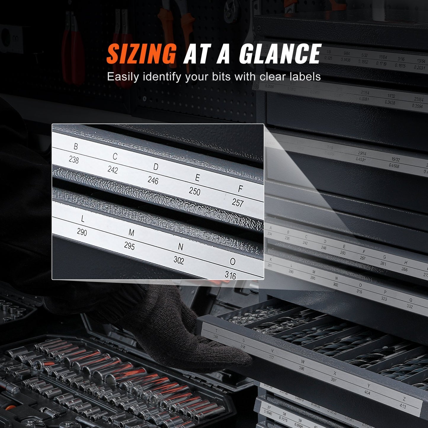 Borrbitsdispenserskåp, 3 delar med tre lådor för brevstorlekar A till Ö, borrbitsorganisatör med fem lådor för trådtjocklek #1 till #60, stapelbar för borrbitsförvaring