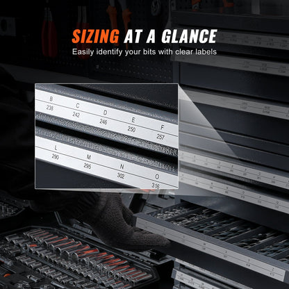 Borrbitsdispenserskåp, 3 delar med tre lådor för brevstorlekar A till Ö, borrbitsorganisatör med fem lådor för trådtjocklek #1 till #60, stapelbar för borrbitsförvaring