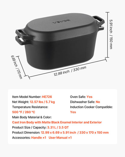 Enameled Cast Iron Dutch Oven, 3.3L Pot with Lid and Dual Handles, Heavy-Duty Durable Cookware Pan, Oven Induction Compatible up to 260 ℃, for Braising, Stews, Roasting, Bread Baking, Black