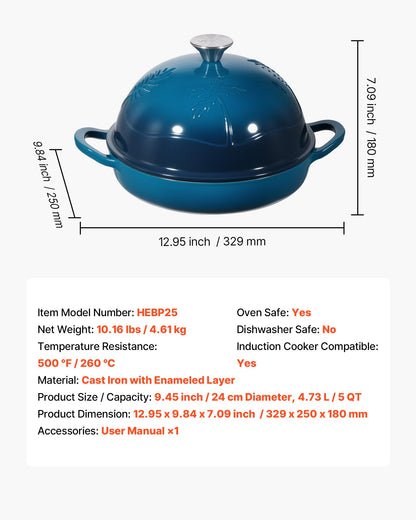 Enameled Cast Iron Dutch Oven, 4.7L Pot for Sourdough Bread Baking, Heavy-Duty Cookware Pan with Lid and Dual Handles, Oven Induction Compatible up to 260 ℃, for Cooking Roasting