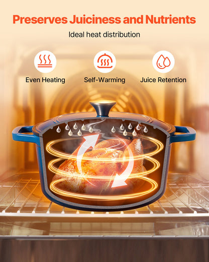 Enameled Cast Iron Dutch Oven, 5.7L Pot with Lid and Dual Handles, Heavy-Duty Durable Cookware Pan, Oven Induction Compatible up to 260 ℃, for Braising, Stews, Roasting, Bread Baking, Blue