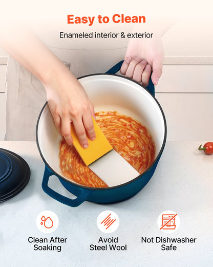 Enameled Cast Iron Dutch Oven, 5.7L Pot with Lid and Dual Handles, Heavy-Duty Durable Cookware Pan, Oven Induction Compatible up to 260 ℃, for Braising, Stews, Roasting, Bread Baking, Blue