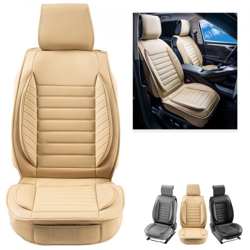 Seat Covers, Universal Car Seat Covers Front Seats, 2pcs Faux Leather Seat Cover, Semi-enclosed Design, Detachable Headrest and Airbag Compatible, for Most Cars SUVs and Trucks Beige