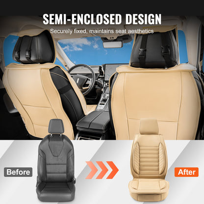 Seat Covers, Universal Car Seat Covers Front Seats, 2pcs Faux Leather Seat Cover, Semi-enclosed Design, Detachable Headrest and Airbag Compatible, for Most Cars SUVs and Trucks Beige