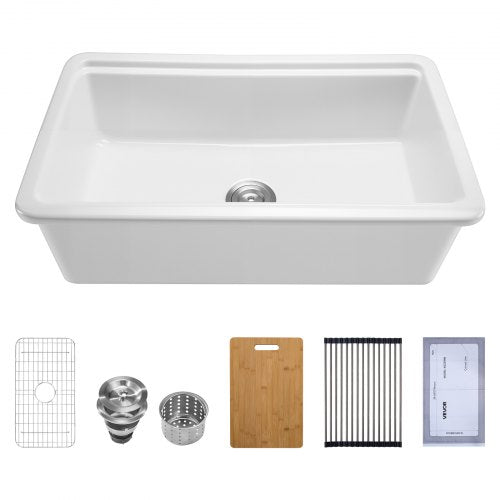 84cm Farmhouse Sink, White Sink Workstation, Fireclay Undermount Basins, Drop-In Single Bowl Basin with Multiple Accessories, Large Capacity Household Dishwasher Sinks for Kitchen