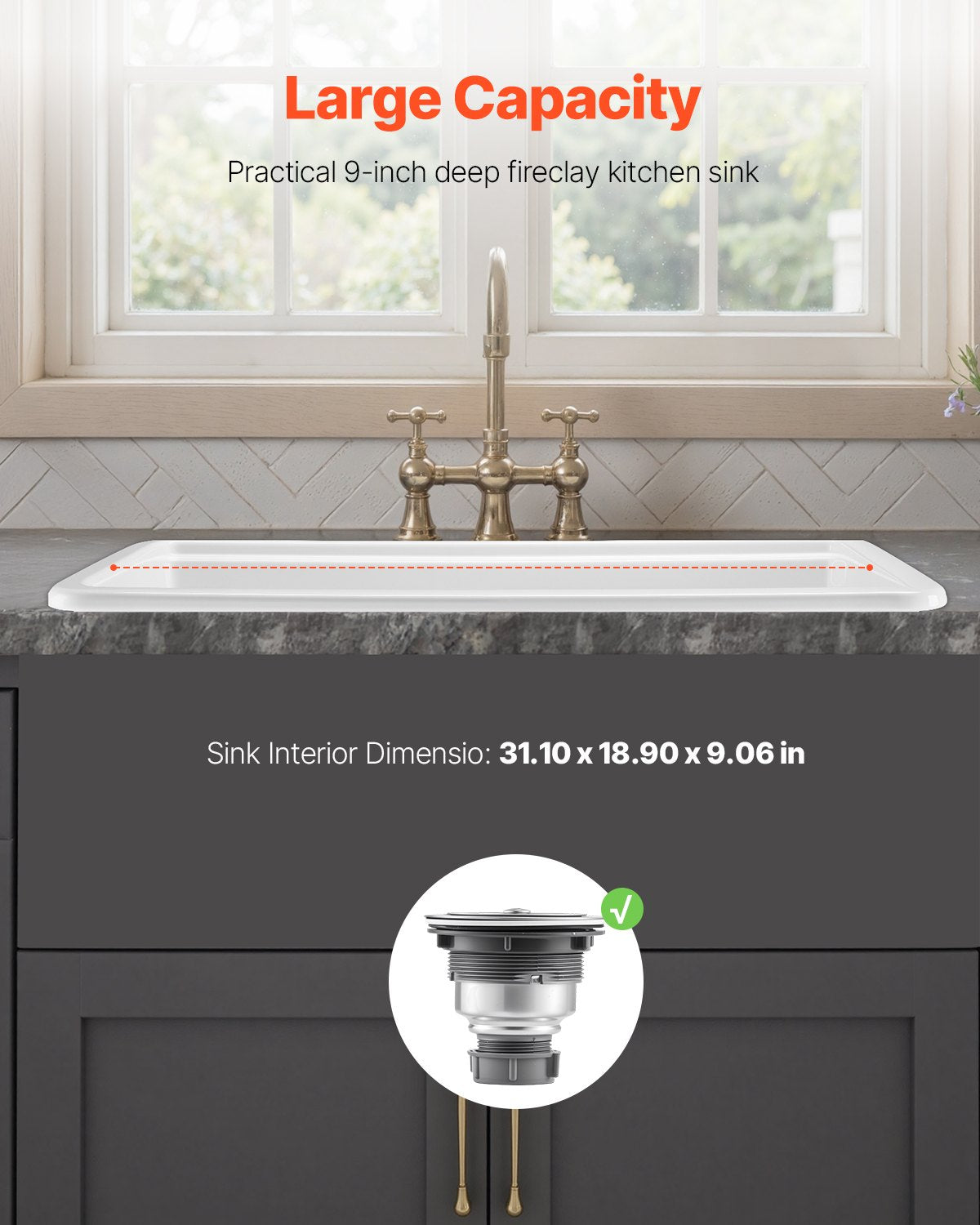 84cm Farmhouse Sink, White Sink Workstation, Fireclay Undermount Basins, Drop-In Single Bowl Basin with Multiple Accessories, Large Capacity Household Dishwasher Sinks for Kitchen