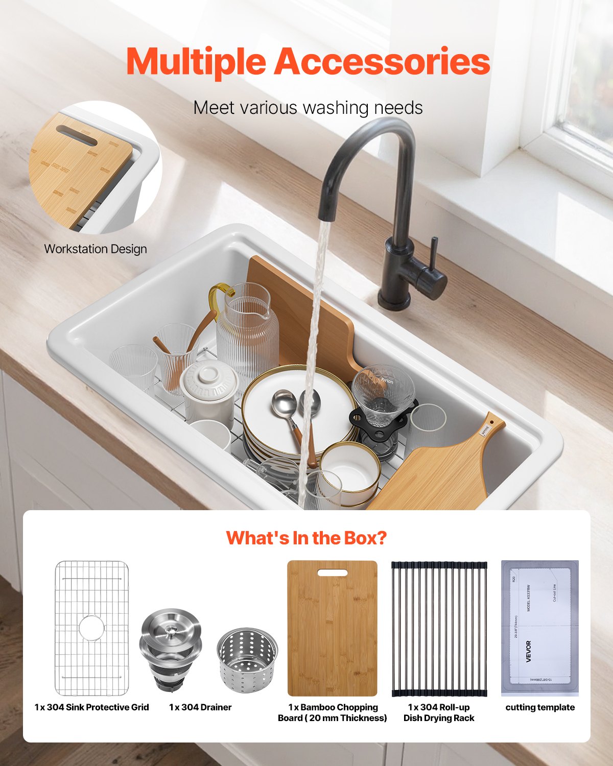 84cm Farmhouse Sink, White Sink Workstation, Fireclay Undermount Basins, Drop-In Single Bowl Basin with Multiple Accessories, Large Capacity Household Dishwasher Sinks for Kitchen