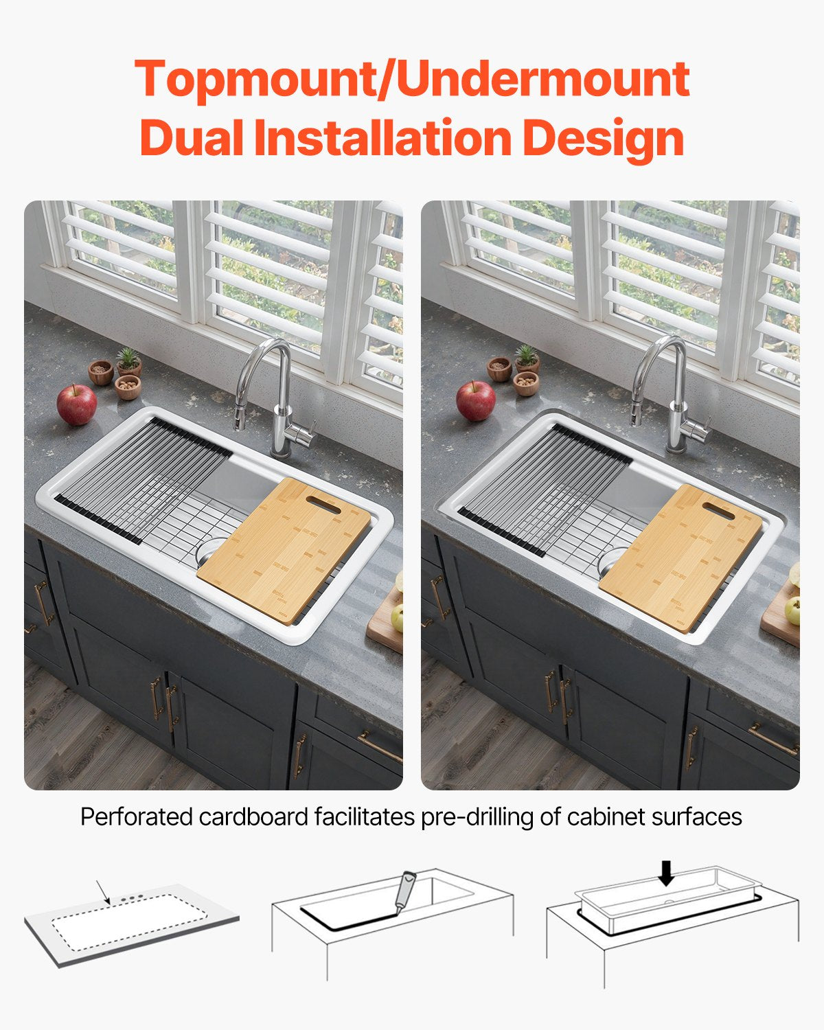 84cm Farmhouse Sink, White Sink Workstation, Fireclay Undermount Basins, Drop-In Single Bowl Basin with Multiple Accessories, Large Capacity Household Dishwasher Sinks for Kitchen