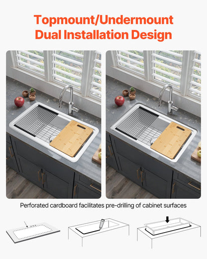 84cm Farmhouse Sink, White Sink Workstation, Fireclay Undermount Basins, Drop-In Single Bowl Basin with Multiple Accessories, Large Capacity Household Dishwasher Sinks for Kitchen