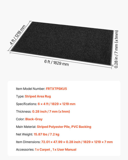 Matta för ytterdörr, 1829 x 1219 mm kommersiell golvmatta för inomhus och utomhusbruk, snygg randig industriell matta med PVC-baksida, kraftig tvättbar entrématta för hall, balkong, garage, grå