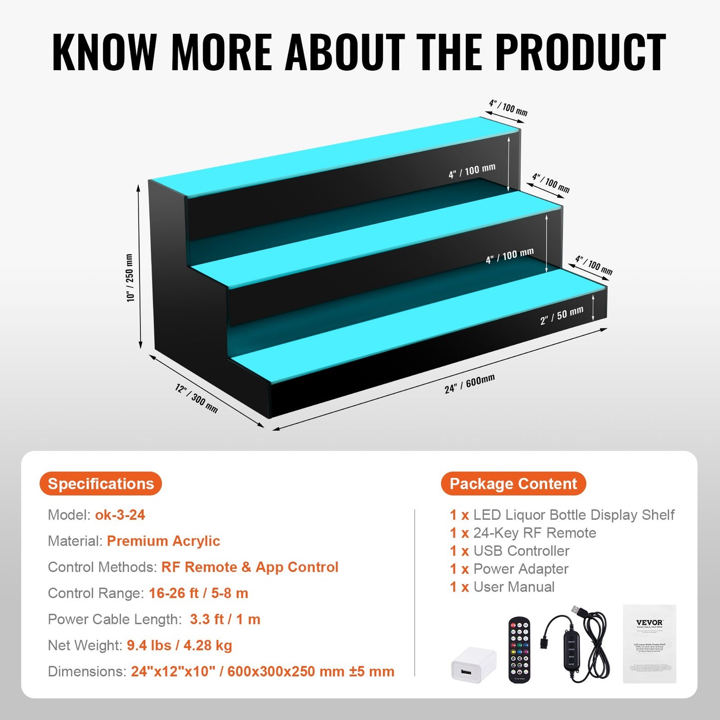 LED Lighted Liquor Bottle Display, 3 Tiers 24 Inch Commercial Illuminated Home Bar Shelf, 3 Steps Whiskey Rack Stand, Acrylic Drink Shelves with RF Remote & App Control, and Multicolor lighting