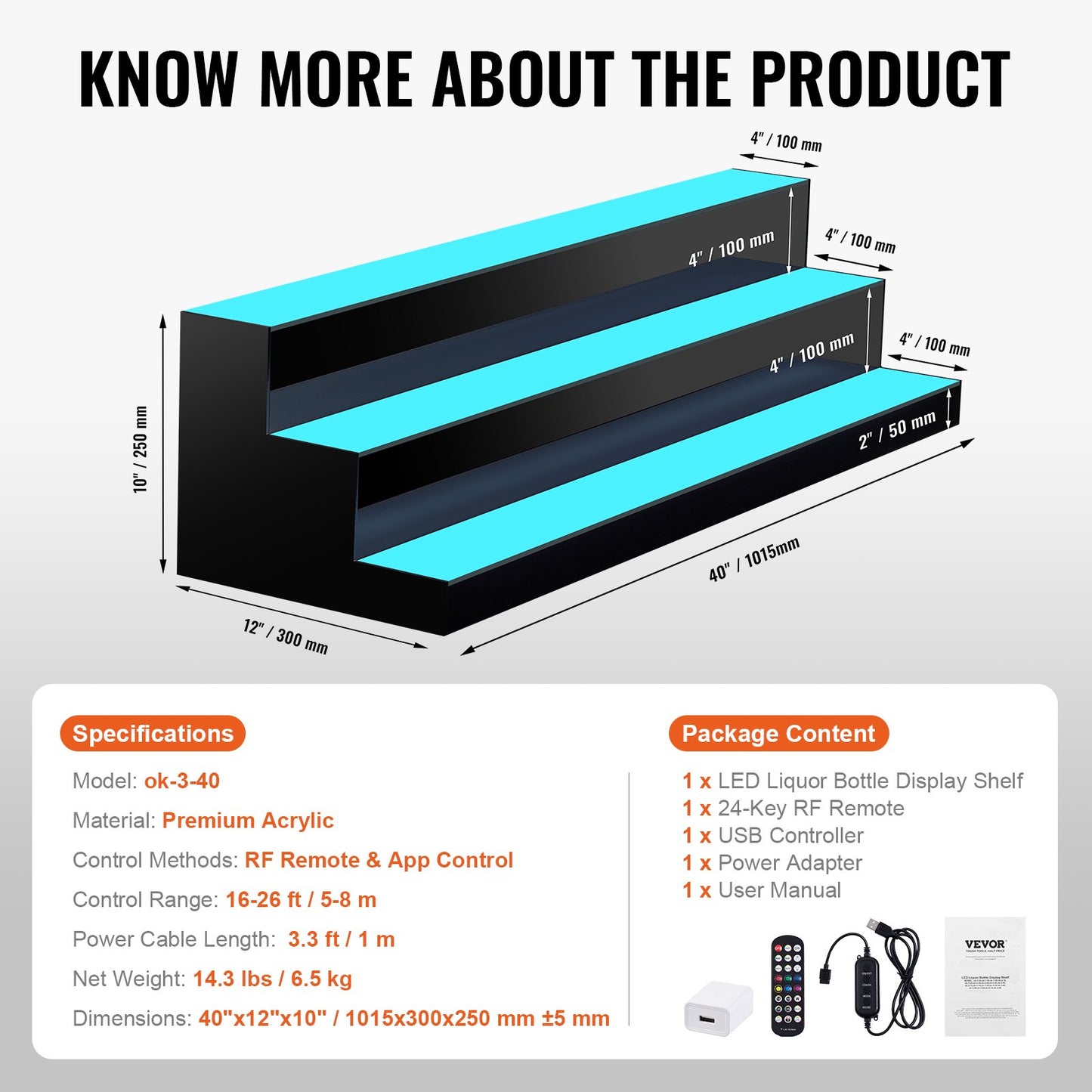 LED Lighted Liquor Bottle Display Bar Shelf RF & App Control 101.6 cm 3-Step