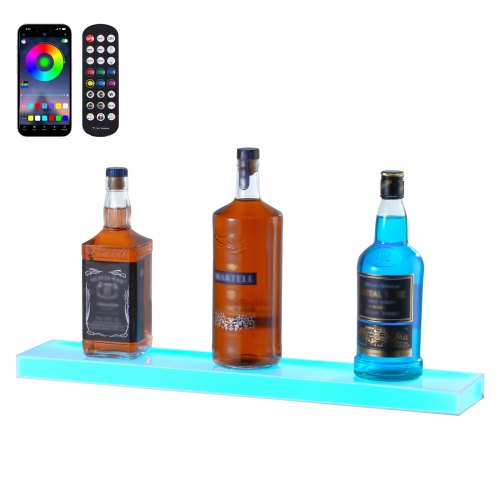 LED-belyst spritflaskdisplay, 1 nivå 24 tums väggmonterad whiskyställ, 1 stegs kommersiell upplyst barhylla, akrylbelysningshyllor med RF-fjärrkontroll och appkontroll