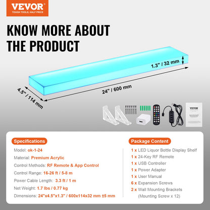 LED-belyst spritflaskdisplay, 1 nivå 24 tums väggmonterad whiskyställ, 1 stegs kommersiell upplyst barhylla, akrylbelysningshyllor med RF-fjärrkontroll och appkontroll
