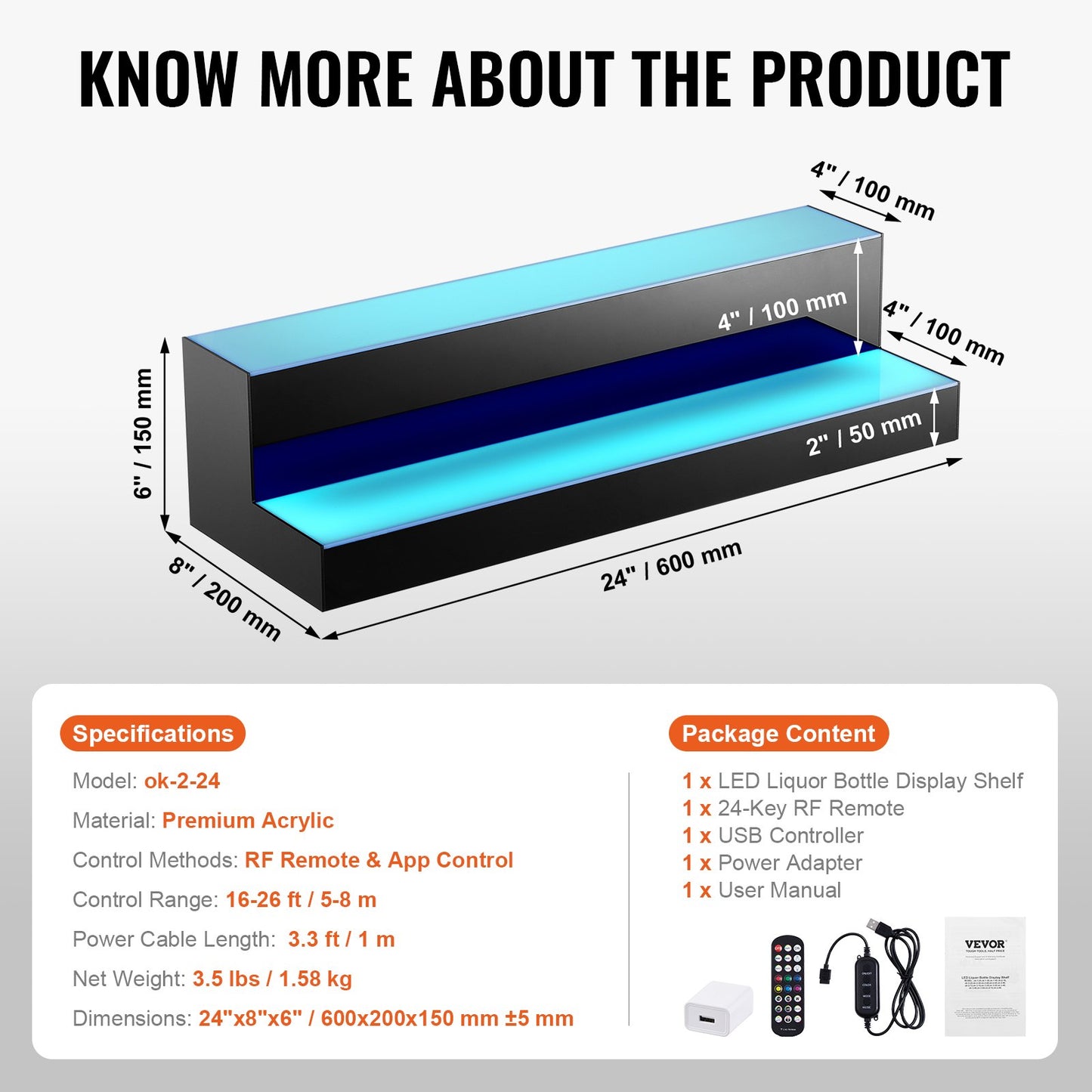 LED-belyst spritflaskdisplay, 2 nivåer 24 tums kommersiell upplyst barhylla för hemmabruk, 2 stegs whiskyställ, akryldryckhyllor med RF-fjärrkontroll och appkontroll och flerfärgad belysning