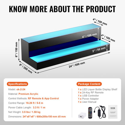 LED-belyst spritflaskdisplay, 2 nivåer 24 tums kommersiell upplyst barhylla för hemmabruk, 2 stegs whiskyställ, akryldryckhyllor med RF-fjärrkontroll och appkontroll och flerfärgad belysning