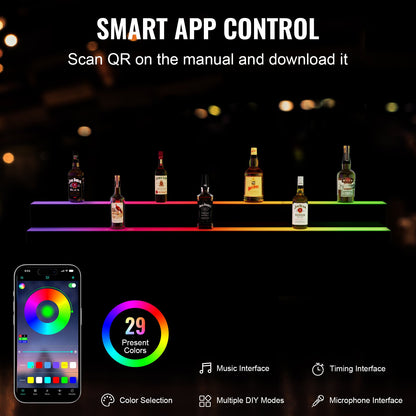 LED Lighted Liquor Bottle Display, 2 Tiers 60 Inch Commercial Illuminated Home Bar Shelf, 2 Steps Whiskey Rack Stand, Acrylic Drink Shelves with RF Remote & App Control, and Multicolor lighting