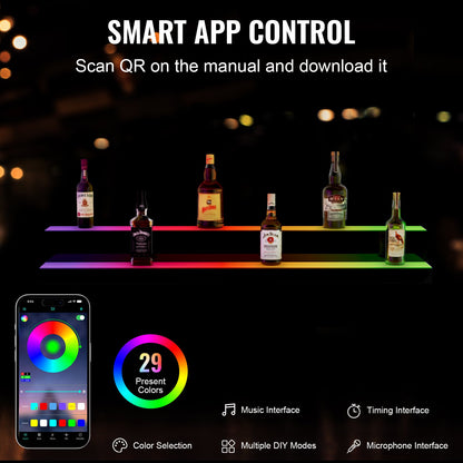 LED-belyst spritflaskdisplay, 2 våningar, 48 tums kommersiellt belyst barhylla för hemmabruk, 2 stegs whiskyställ, akryldryckeshyllor med RF-fjärrkontroll och appkontroll, och flerfärgad belysning