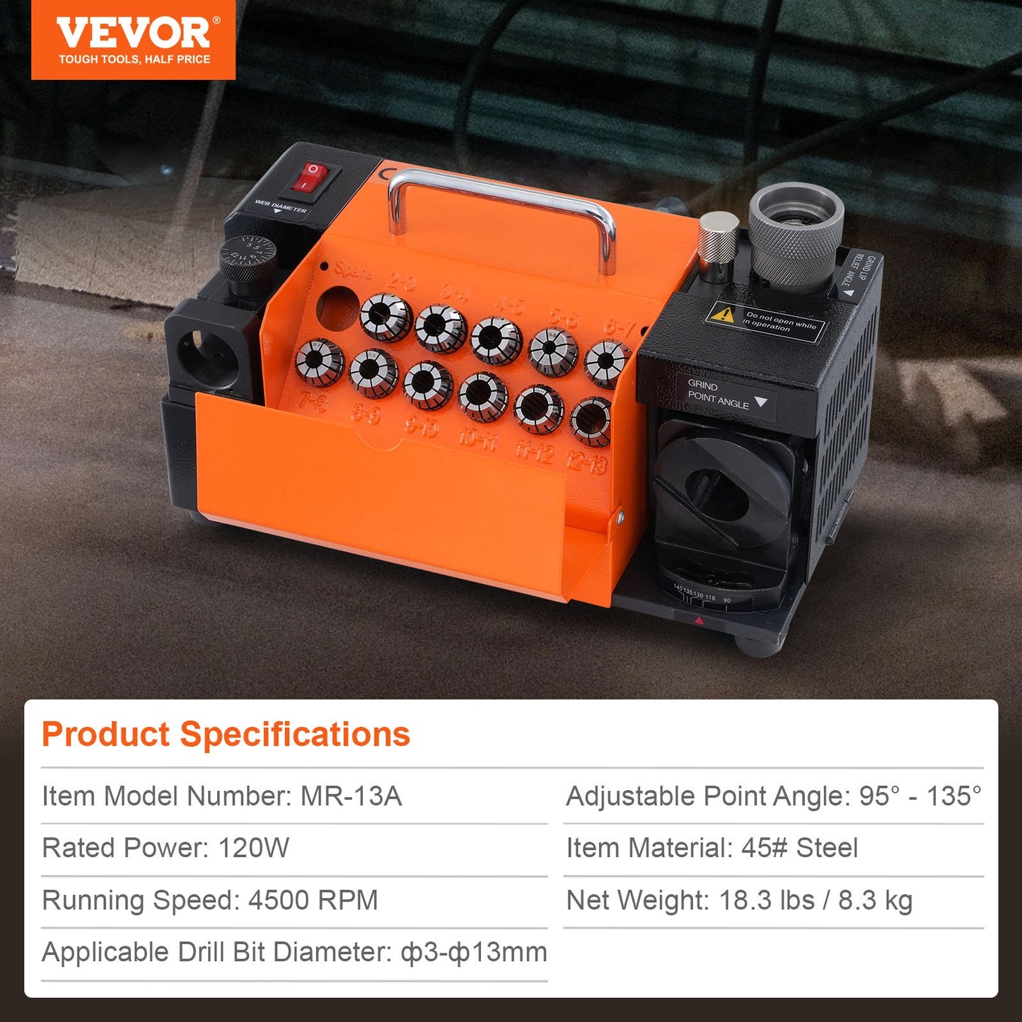 Drill Bits Sharpener, MR-13A Drill Bits Grinder Sharpener 3-13mm, 95° to 135° Point Angle Adjustable Drill Bit Re-Sharpener, Portable Sharpening Machine with 11 Collets, CBN & SDC Wheel