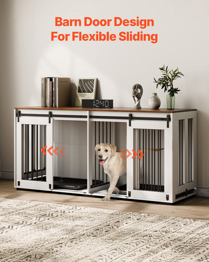 72" Dog Crate Furniture for 2 Dogs, Double Dog Crate Furniture with Double Sliding Doors, Large Dog Crate TV Stand with Removable Tray, Steel Frame Double Dog Crate for Small, Medium, Large Dogs White