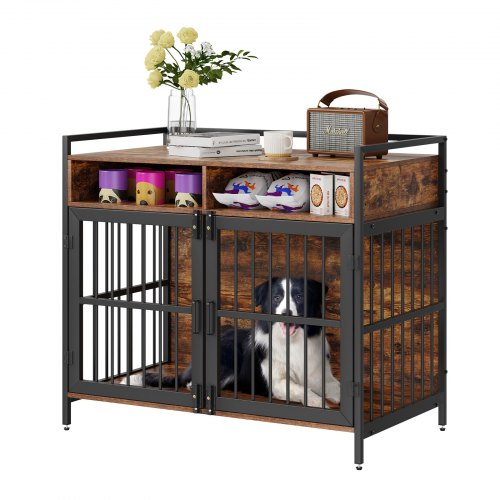 Furniture Style Dog Crate with Storage, 104.1 cm Dog Crate Furniture Large Breed with Double Doors, Wooden Dog Cage for Large/Medium Dog Indoor, Hold up to 31.8 kg, Rustic Brown