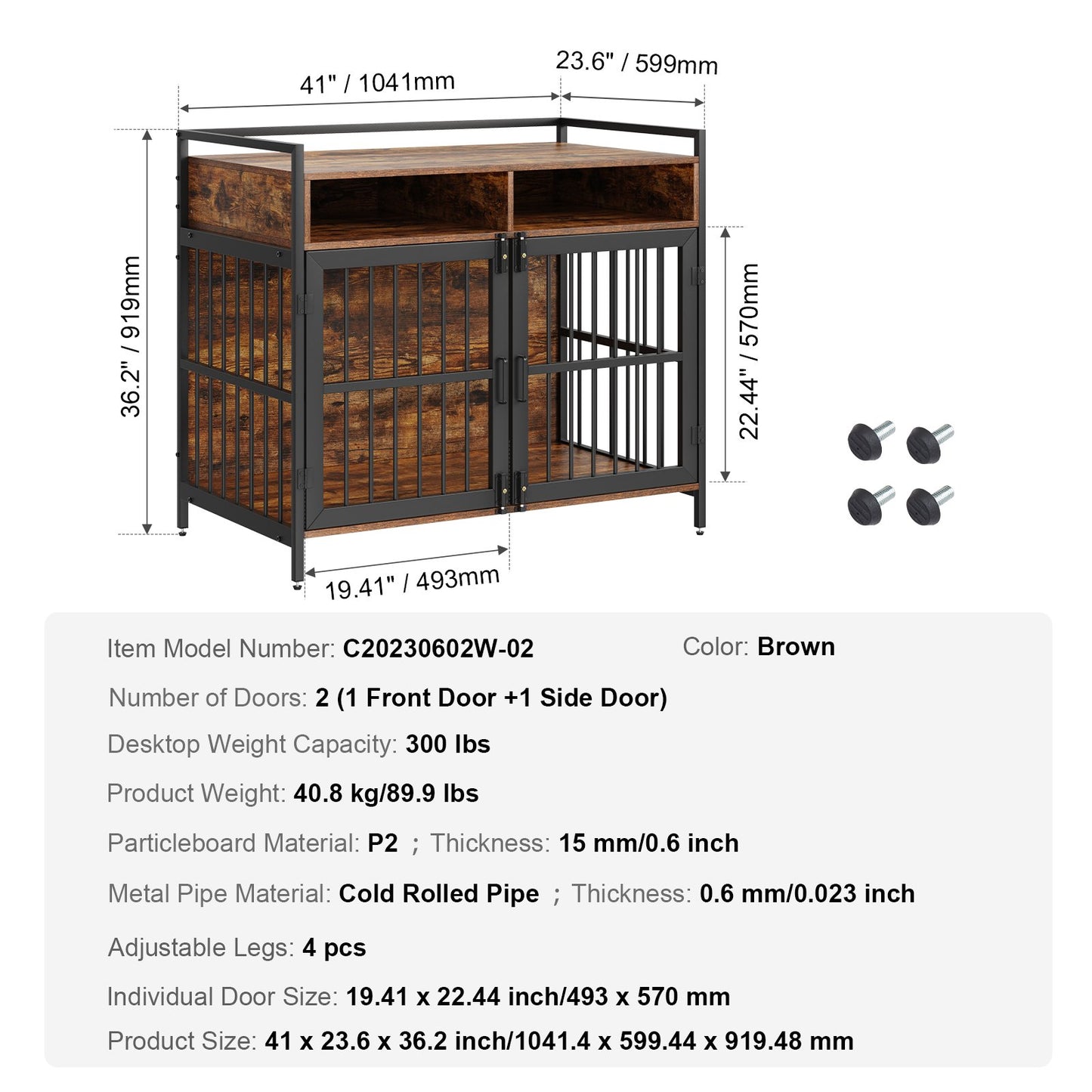 Furniture Style Dog Crate with Storage, 104.1 cm Dog Crate Furniture Large Breed with Double Doors, Wooden Dog Cage for Large/Medium Dog Indoor, Hold up to 31.8 kg, Rustic Brown
